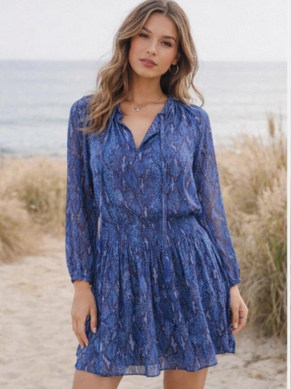 BANANA REPUBLIC Blue Snake Print Mini Dress MP Animal Print Long Sleeve Tassel